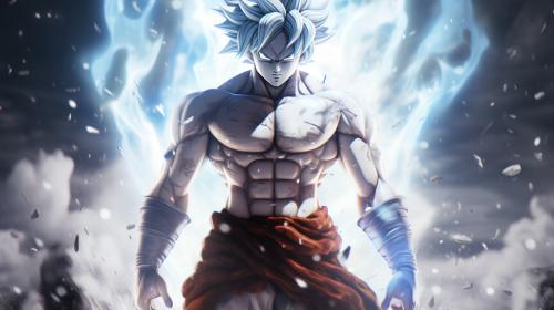 Goku Ultra instinct, HD, Perfect detail, anime accurate, fighting stance, white flames, sparkling white energy