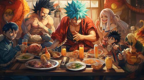 One Piece, Naruto, Bleach, and Dragon Ball characters eating together 8K