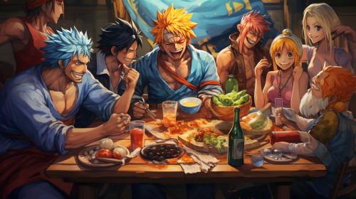 One Piece, Naruto, Bleach, and Dragon Ball characters eating together 8K