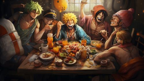 One Piece, Naruto, Bleach, and Dragon Ball characters eating together 8K