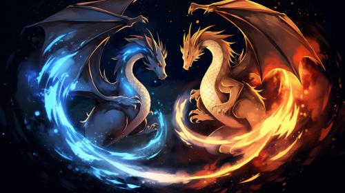 Mega Charizard X and Mega Charizard Y flying with a yin and yang theme 4K