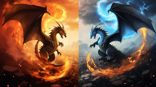 Mega Charizard X and Mega Charizard Y flying with a yin and yang theme 4K