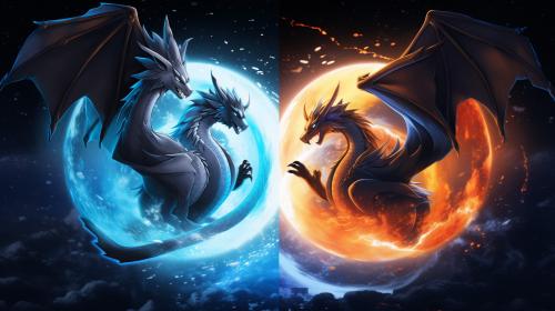 Mega Charizard X and Mega Charizard Y flying with a yin and yang theme 4K