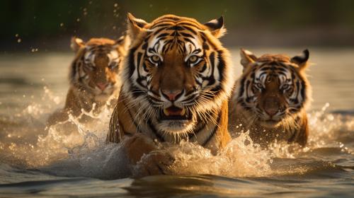 happy tiger family chasing each other and swimming in a large lake.