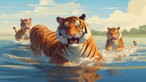 happy tiger family chasing each other and swimming in a large lake.