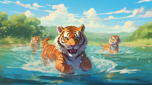 happy tiger family chasing each other and swimming in a large lake.