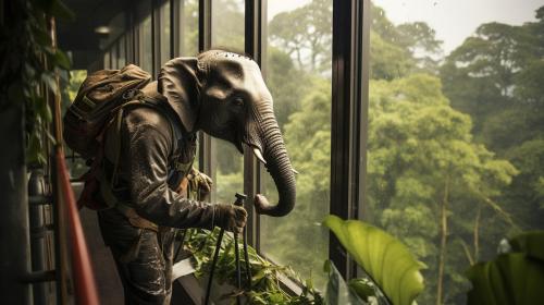 window cleaner man travels on elephant, Elephant sprays water to clean tree house windows that are dirty.