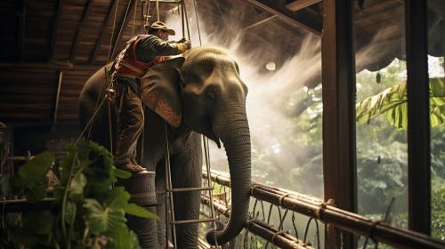 window cleaner man travels on elephant, Elephant sprays water to clean tree house windows that are dirty.