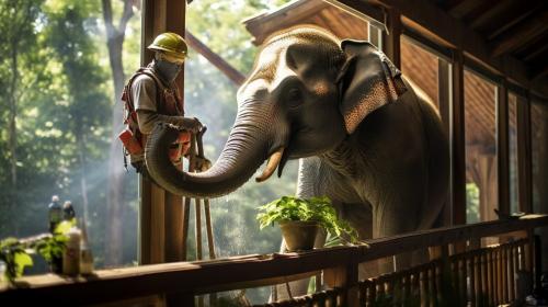 window cleaner man travels on elephant, Elephant sprays water to clean tree house windows that are dirty.