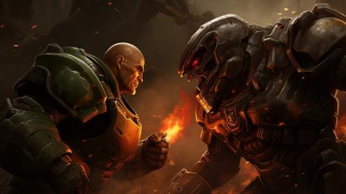 Master Cheif fighting Doomslayer