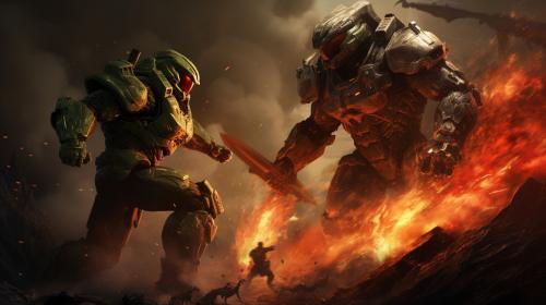 Master Cheif fighting Doomslayer