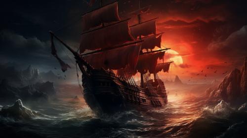 Pirate ship destroyed by kraken during a storm. Foggy blood-moon in the distance.