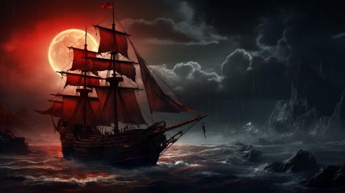 Pirate ship destroyed by kraken during a storm. Foggy blood-moon in the distance.