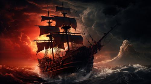 Pirate ship destroyed by kraken during a storm. Foggy blood-moon in the distance.