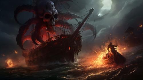 Pirate ship being attacked by kraken