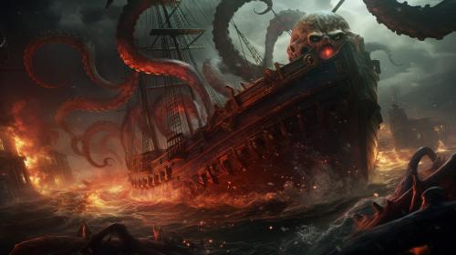 Pirate ship being attacked by kraken