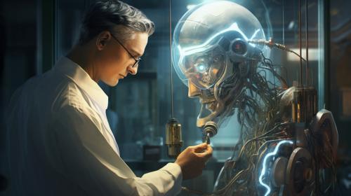 Generate laboratory with a doctor building a cyborg