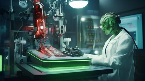 Generate laboratory with a doctor building repairing humain to cyborg lying on a srugery table with a bionic arm. old tv style at the back  everywhere and red black liquid ready to be injected. green matrix look. Cyborg with human faces.