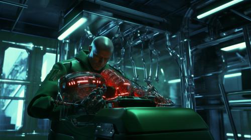 Generate laboratory with a doctor building repairing humain to cyborg lying on a srugery table with a bionic arm. old tv style at the back  everywhere and red black liquid ready to be injected. green matrix look. Cyborg with human faces.