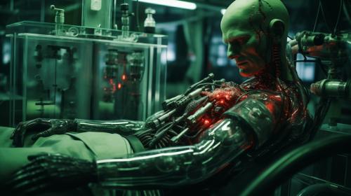 Generate laboratory with a human doctor building repairing humain to cyborg lying on a srugery table with a bionic arm. old tv style at the back  gauging the cyborg level of hate. Red black liquid in ready intravenous infusion. Green matrix look. Cyborg with human appearence with a bionic arm being set.