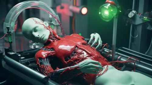 Generate laboratory with a human doctor building repairing humain to cyborg lying on a srugery table with a bionic arm. old tv style at the back  gauging the cyborg level of hate. Red black liquid in ready intravenous infusion. Green matrix look. Cyborg with human appearence with a bionic arm being set.