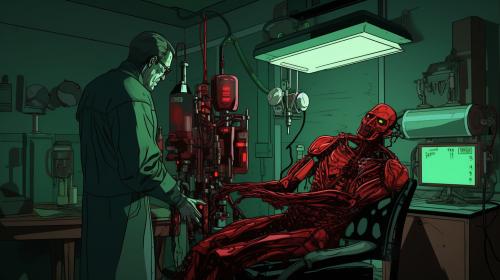 Generate laboratory with a human doctor building repairing humain to cyborg lying on a srugery table with a bionic arm. old tv style at the back  gauging the cyborg level of hate. Red black liquid in ready intravenous infusion. Green matrix look. Cyborg with human appearence with a bionic arm being set.