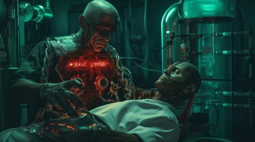 Generate laboratory with a human doctor building repairing humain to cyborg lying on a srugery table with a bionic arm. old tv style at the back  gauging the cyborg level of hate. Red black liquid in ready intravenous infusion. Green matrix look. Cyborg with human appearence with a bionic arm being set. wide angle to see both doctor hugo Strange and the cyborg