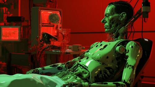 Generate laboratory with a human doctor building repairing humain to cyborg lying on a srugery table with a bionic arm. old tv style at the back  gauging the cyborg level of hate. Red black liquid in ready intravenous infusion. Green matrix look. Cyborg with human appearence with a bionic arm being set. wide angle to see both doctor hugo Strange and the cyborg