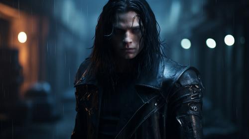 cyborg getting out of the laboratory destroy a wall with smug. Human style cyborg with half human face half cyborg wearing a long black leather coat. The cyborg has long hair