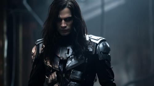 cyborg getting out of the laboratory destroy a wall with smug. Human style cyborg with half human face half cyborg wearing a long black leather coat. The cyborg has long hair