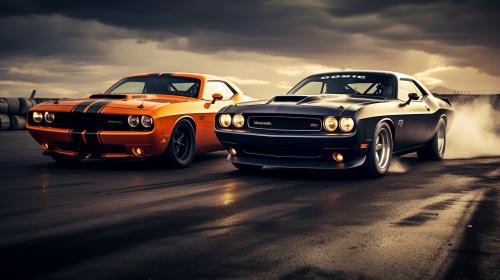 Dodge challenger racing a ford Mustang