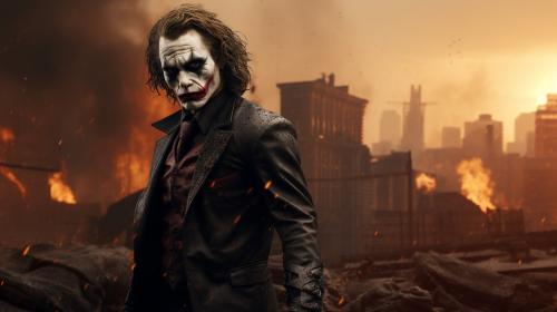 The Joker looking over a burnt down Gotham city holding Bat Mans mask, photorealistic ultra 4k high definition