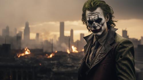 The Joker looking over a burnt down Gotham city holding Bat Mans mask, photorealistic ultra 4k high definition