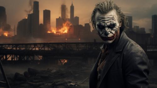 The Joker looking over a burnt down Gotham city holding Bat Mans mask, photorealistic ultra 4k high definition