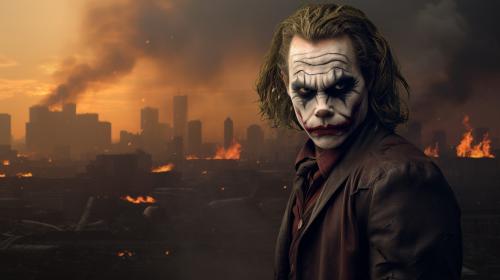 The Joker looking over a burnt down Gotham city holding Bat Mans mask, photorealistic ultra 4k high definition