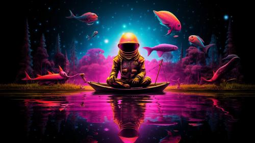 a astronaut fishing from one planet into another galaxy neon tones the galaxy miniture ALIENS NEON TONES HD