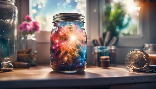 (35mmstyle:1. 2), Highly detailed RAW color Photo, top Angle, a nebula in a mason jar, vivid detail, (nebula), (sci-fi), (spce:1. 1), Mason Jar sitting on kitchen counter (highly detailed, hyperdetailed, intricate), (lens flare:0. 7), (bloom:0. 7), particle effects, raytracing, cinematic lighting, shallow depth of field, photographed on a Sony a9 II, 35mm wide angle lens, sharp focus, cinematic film still, dynamic angle