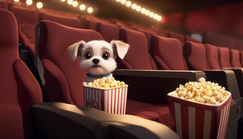 Cute small dog sitting in a movie theater eating popcorn watching a movie ,unreal engine, cozy indoor lighting, artstation, detailed, digital painting,cinematic,character design by mark ryden and pixar and hayao miyazaki, unreal 5, daz, hyperrealistic, octane render