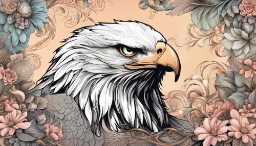 overwhelmingly beautiful eagle framed with vector flowers, long shiny wavy flowing hair, polished, ultra detailed vector floral illustration mixed with hyper realism, muted pastel colors, vector floral details in background, muted colors, hyper detailed ultra intricate overwhelming realism in detailed complex scene with magical fantasy atmosphere, no signature, no watermark