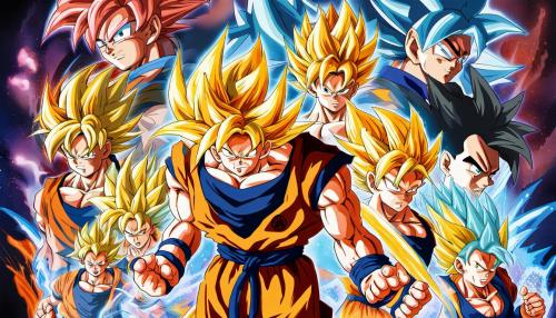 Goku with his Super Saiyan forms behind him