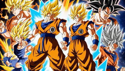 Goku with his Super Saiyan forms behind him, HD, perfect details, masterpiece 