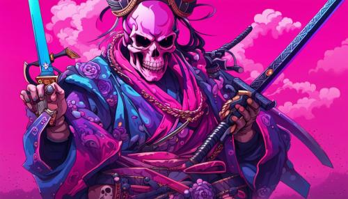 A neon pink and purple skull faced samurai with a blue pistol and a purple sword