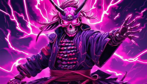 A neon pink and purple skull faced samurai with purple lightning coming from hands