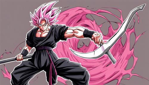 Goku black holding his scythe, pink hair, gray eyes, HD, 4K, Detailed, dragon ball super Shintani style art work,