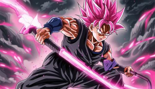 Goku black holding his scythe, pink hair, gray eyes, HD, 4K, Detailed, dragon ball super Shintani style art work, perfect art work, masterpiece, perfect body