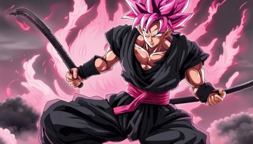 Goku black holding his scythe, pink hair, gray eyes, HD, 4K, Detailed, dragon ball super Shintani style art work, perfect art work, masterpiece, perfect body, evil grin, detailed eyes