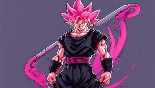 Goku black holding his scythe, pink hair, gray eyes, HD, 4K, Detailed, dragon ball super Shintani style art work, perfect art work, masterpiece, perfect body, evil grin, detailed eyes