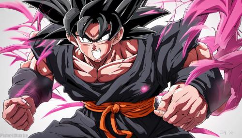 Goku black doing his pose in the anime, pink hair, gray eyes, HD, 4K, Detailed, dragon ball super Shintani style art work, perfect art work, masterpiece, perfect body, evil grin, detailed eyes