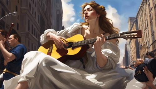 approaching perfection, dynamic, highly detailed, artstation, concept art, smooth, sharp focus, illustration, art by Artemisia Gentileschi, a beautiful the cloud elf queen busks on the streets of new york, playing guitar, singing