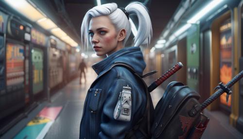 A cute young lady with white ponytailed hair, horn headband, wearing a dark denim jacket, a backpack with a katana, blue eyes, cyberpunk, subway, hyperrealism, photorealistic, 8k, unreal engine, 3d render